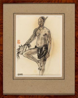 drawing of a man with a sword in his hand on a wooden surface