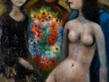 une image représentant un tableau d'une femme avec des fleurs devant un groupe de personnes