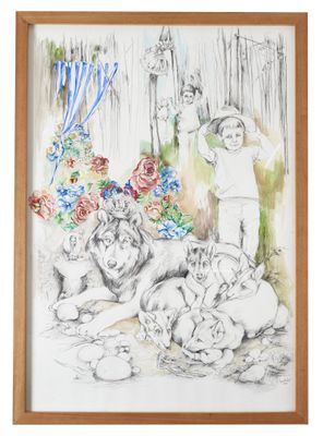 dessin représentant une femme et ses chiens dans un jardin fleuri