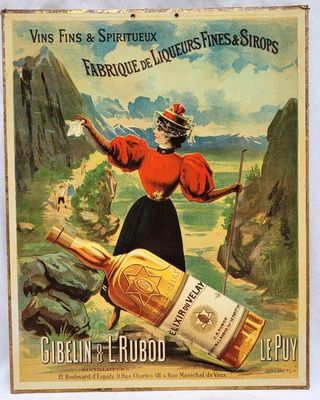 une vieille affiche représentant une femme tenant une bouteille d'alcool
