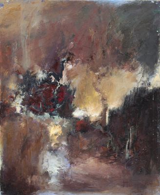 une peinture à l'huile représentant un vase de fleurs posé sur une table