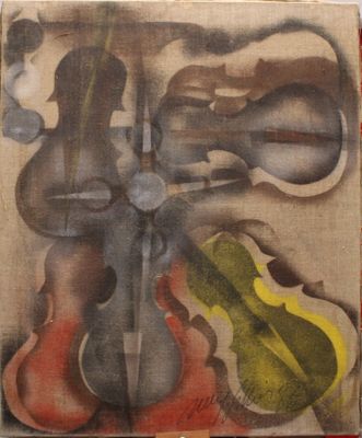 an image of a painting of a violin and other musical instruments