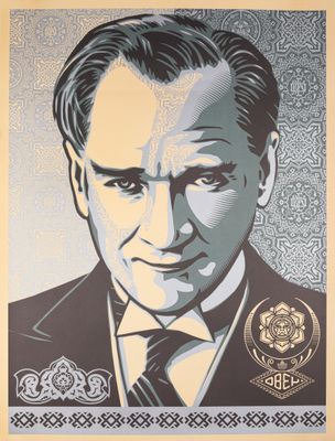 a close up of a poster of a man in a suit and tie