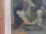 an oil painting of a vase of flowers sitting on a ledge