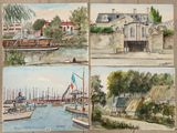 quatre aquarelles représentant des bateaux dans un port, avec des bâtiments en arrière-plan