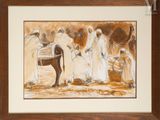 painting of a group of people standing around a donkey in a field