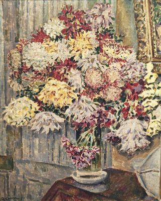 une peinture de fleurs dans un vase sur une table