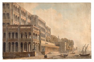 painting of a view of a city street with a boat in the foreground