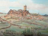 une peinture d'un château au milieu d'un champ