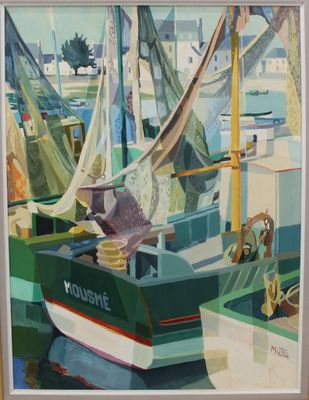 une photo d'un tableau représentant un bateau dans un port