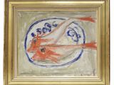 une peinture à l'huile représentant un poisson dans une assiette, dans un cadre doré