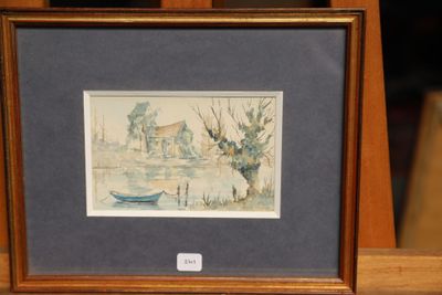 framed watercolor painting of a boat on a lake with a house in the background