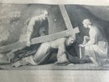 a drawing of a man carrying a cross with a woman kneeling next to him