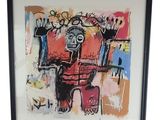 painting of a man in a red suit with graffiti on the wall