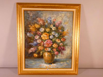 a painting of flowers in a gold vase on a table