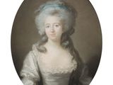 portrait of a woman in a white dress and blue hat