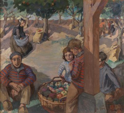 an image of a painting of a group of people sitting under a tree