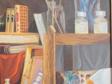 a picture of a painting of a shelf with paint brushes and other items