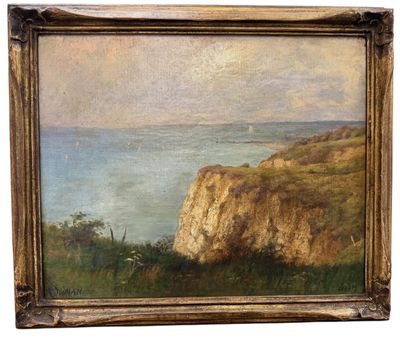 a painting of a cliff overlooking the ocean with a boat in the distance