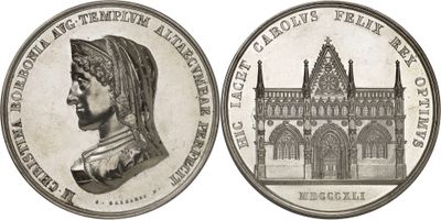 an old coin with a woman ' s head and a building in the background