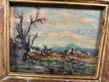an oil painting of a landscape with a windmill in the distance