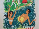 an old poster of a couple swimming in the water with a man and woman