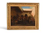 une peinture à l'huile représentant un groupe de personnes assises autour d'une table