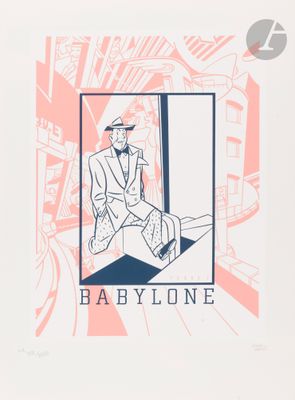 an image of a drawing of a man in a suit and hat sitting on a suitcase