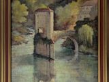 une peinture à l'huile représentant un pont sur une rivière avec un bâtiment à l'arrière-plan