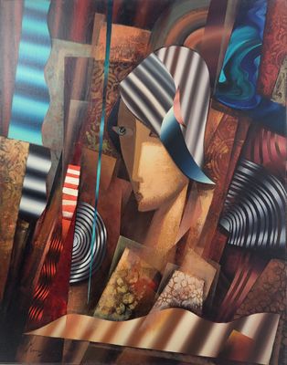 tableau représentant une femme avec un chapeau et une guitare devant une fenêtre