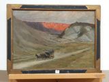 a painting of a horse drawn carriage in a mountainous landscape