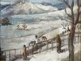 tableau représentant une scène hivernale avec des chevaux et des personnages sur une colline enneigée