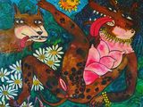 un tableau représentant deux animaux dans l'herbe