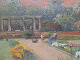 un tableau représentant une femme et un enfant dans un jardin