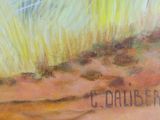 an oil painting of a field of grass with a sky in the background