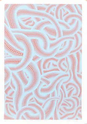 a painting of a white frame with a pink and blue pattern