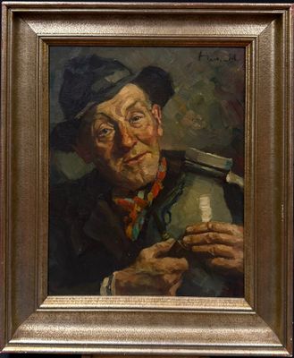 tableau représentant un vieil homme tenant une cruche dans la main droite