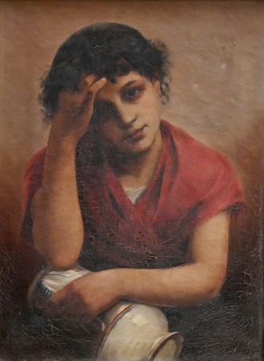 portrait of a young man with a pitcher, oil on canvas, signed and dated