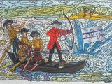 dessin représentant un homme dans un bateau avec un groupe de personnes à bord
