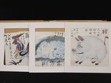 three paintings of a pig and a cat on a table