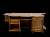 a wooden desk with a marble top and two drawers