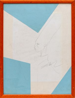 an image of a drawing of a woman ' s face on a blue and white background