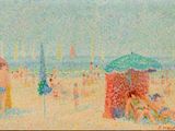 a painting of people on the beach with umbrellas