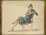 drawing of a woman sitting in a chair with her legs crossed
