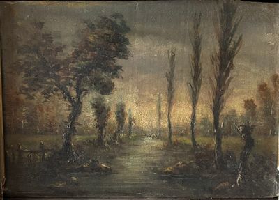 painting of a landscape with a river and trees in the foreground