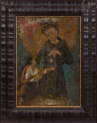 un vieux tableau représentant un homme tenant une pipe, dans un cadre noir