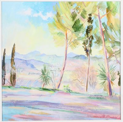 a painting of a landscape with trees and mountains in the background