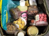 two pictures of a person standing next to a suitcase filled with food