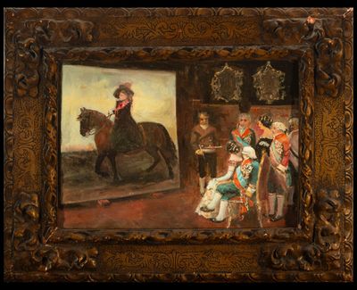 tableau représentant un homme à cheval entouré d'un groupe de personnes