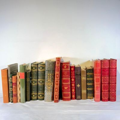 de nombreux livres anciens alignés sur une étagère blanche